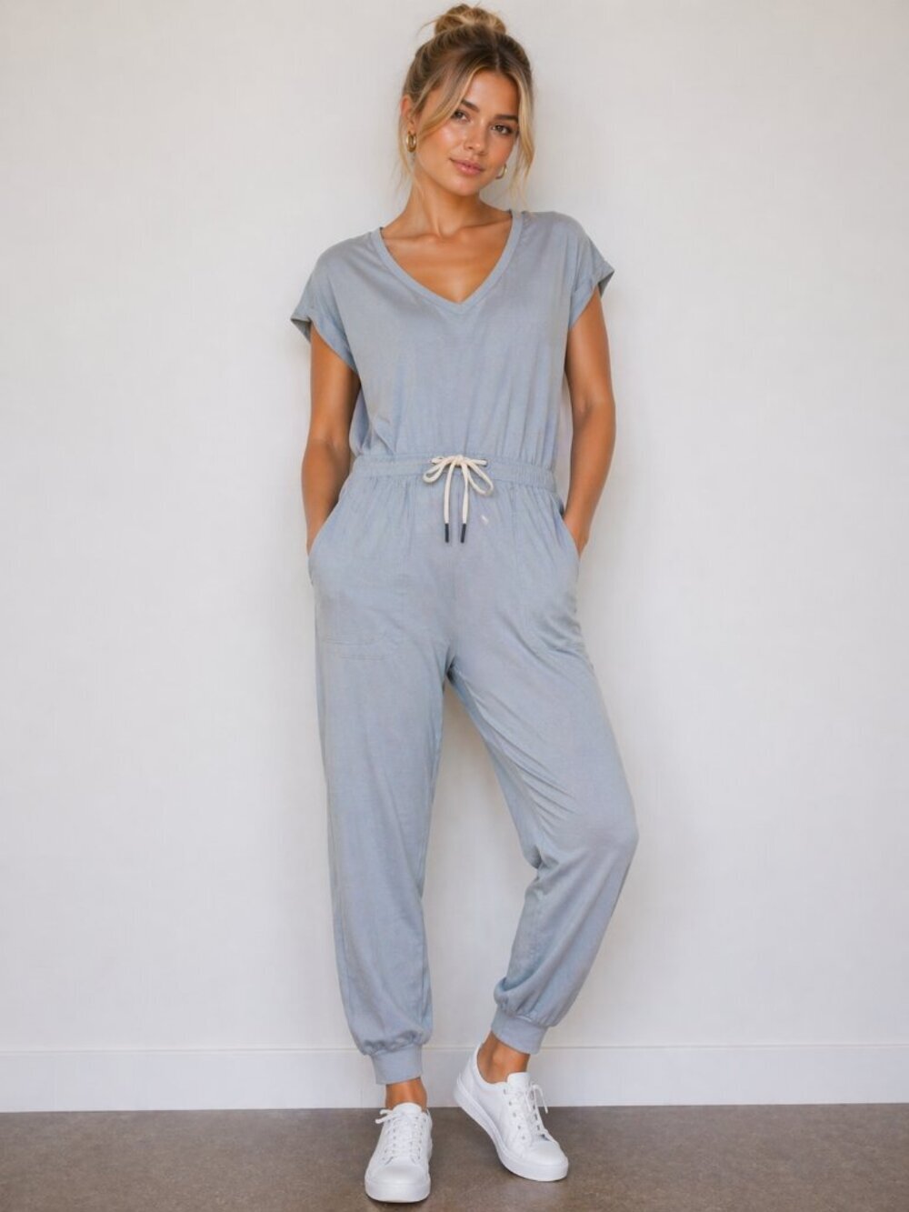 N:Philanthropy Roll Sleeve Power Blue Tie Waist Jogger Jumpsuit Size Small